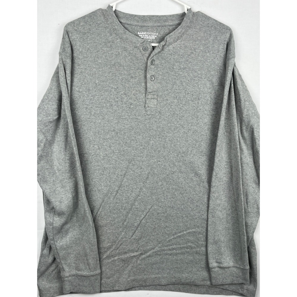 Basic Editions Henley Shirt Mens Large L Long Sleeve 100% Cotton Gray